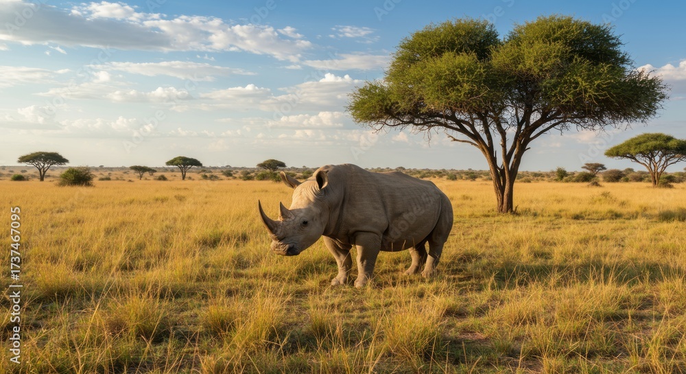 Fototapeta premium Majestic rhinoceros in natural habitat, symbol of strength and endangered wildlife, perfect for safari, nature, and conservation themes.