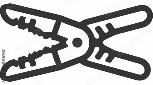 Stylized alligator clip icon, black and white line art vector of an electrical connector or gripping tool for industrial use