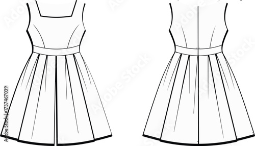 Technical fashion illustration of pleated sleeveless dress with square neckline, waistband detail, front and back views for garment design