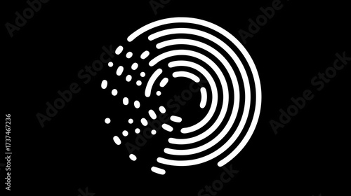 Abstract digital data flow visualization: concentric white circles breaking into dashed lines on a black background, technology and innovation concept.