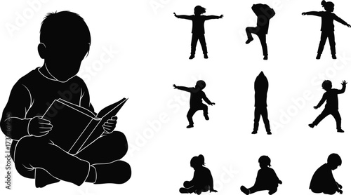 Silhouettes of children reading, sitting, dancing, jumping, and stretching in playful and relaxed poses for educational and lifestyle concepts