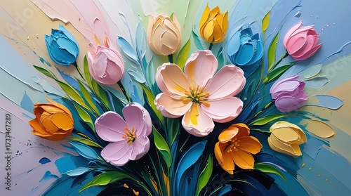 Bold spring flowers in abstract, colorful impasto on rough canvas. Dynamic, textured, with visible brushstrokes. Pink, yellow, orange, and purple palette. Copyspace.