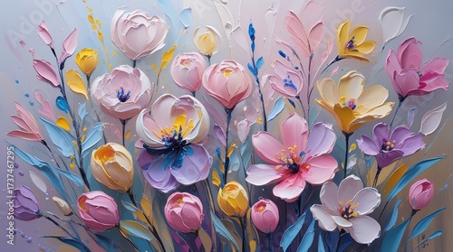Vibrant spring flowers in abstract impasto oil painting. Colorful blooms with bold details against soft, blurred background. Warm and cool hues blend in a stunning display of color and light.
