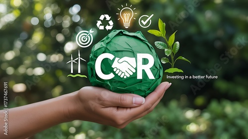 Sustainable corporate social responsibility concept with csr icon in human hand 
