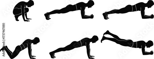 Silhouette vector set of core workout poses including plank variations, bodyweight fitness positions, strength training, and stability exercises