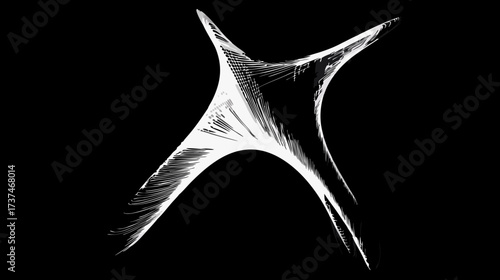 Dynamic white abstract artistic shape with textured lines and digital brushstrokes on a stark black background, modern graphic design element