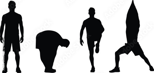 Silhouette vector illustration of people performing fitness poses, stretching, balance exercise, and handstand yoga movement for health, sport, and wellness design