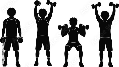 Silhouette vector illustration of fitness workout with dumbbells showing strength training exercises, squats, overhead press, gym workout, bodybuilding icons