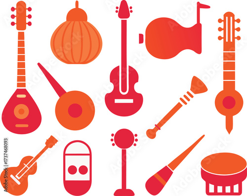 Indian musical instruments vector icons collection traditional culture ethnic music design elements