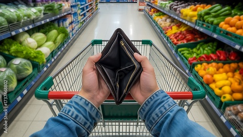 Empty wallet in supermarket showing financial crisis and rising food prices 
