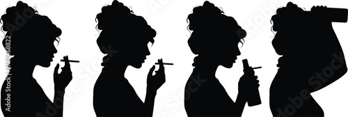 Silhouette of man smoking cigarette, vaping e-cigarette, and drinking alcohol bottle in profile view isolated on white background