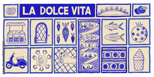 La dolce vita italian lifestyle collage featuring food scooter and vintage elements in blue and cream