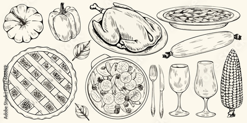 Hand drawn sketch of a thanksgiving dinner spread with turkey pie and seasonal vegetables