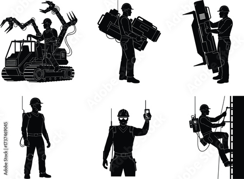 Industrial worker silhouettes, construction safety gear, remote machinery, harness climbing, heavy equipment, technical labor, public service roles, maintenance, inspection, elevation tasks