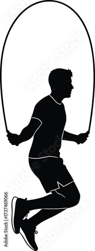 Jump rope silhouette, airborne figure, fitness motion, black illustration, athletic pose, exercise activity, vector art, white background, dynamic movement