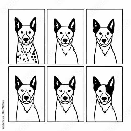 Illustration of six cartoon dog faces with different markings vector art