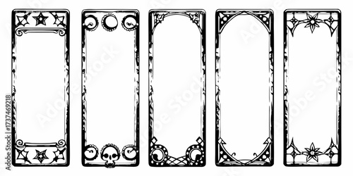Collection of five unique hand drawn black and white decorative borders and frames with gothic and art nouveau elements