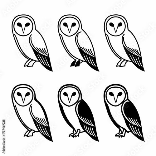 Six barn owls in a pattern simple black and white vector illustration