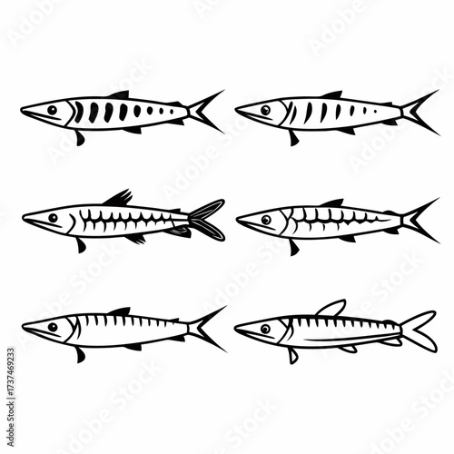 Six barracudas in a pattern simple black and white vector illustration