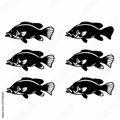 Six black crappie fish swimming, , showcasing a simple yet captivating design