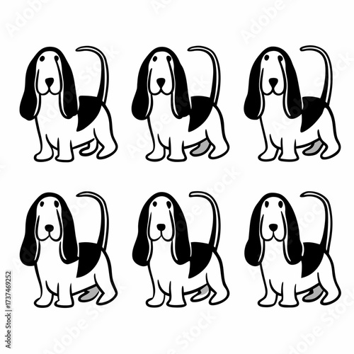 Six basset hound puppies standing, , showcasing a simple yet captivating design