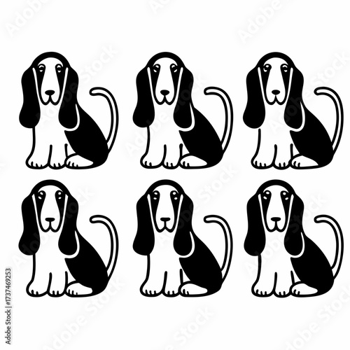Six basset hound puppies sitting, , showcasing a simple yet captivating design