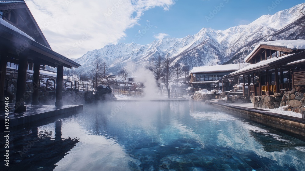 Fototapeta premium Steaming outdoor onsen in snowy mountains 