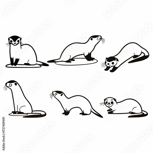 Collection of six adorable cartoon otter illustrations, in different poses and actions