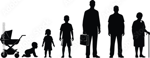 Human life stages evolution silhouette vector illustration showing baby, child, teenager, adult, and elderly aging process development concept design