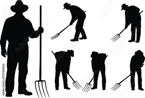 Farmer silhouette with pitchfork in various poses, agriculture worker icon set for farming, gardening, rural labor vector illustration
