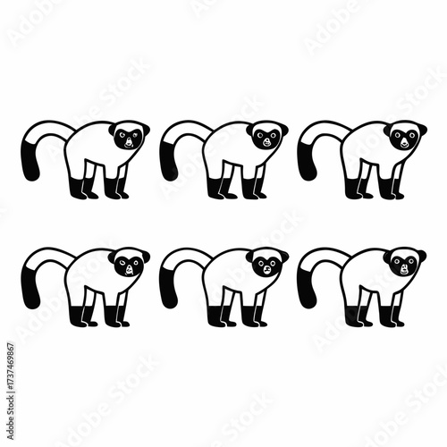 Six whitefronted brown lemurs standing in a row, showcasing their unique markings