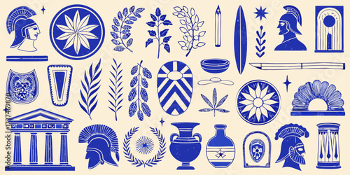 Collection of ancient greek and roman inspired illustrations in blue and beige