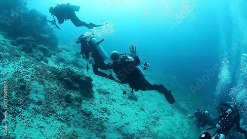 Wallpaper Mural Plunge into the turquoise waters of Fiji Witness an exhilarating shark feeding at a vibrant reef. Scuba divers explore and interact with these majestic creatures in their natural habitat. Torontodigital.ca
