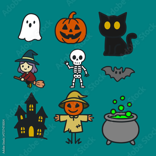 Halloween Icon Collection with Witch, Cat, Skeleton
