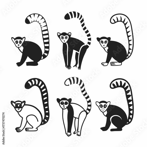 Six lemurs with ringed tails, a playful pattern for textile or wallpaper design