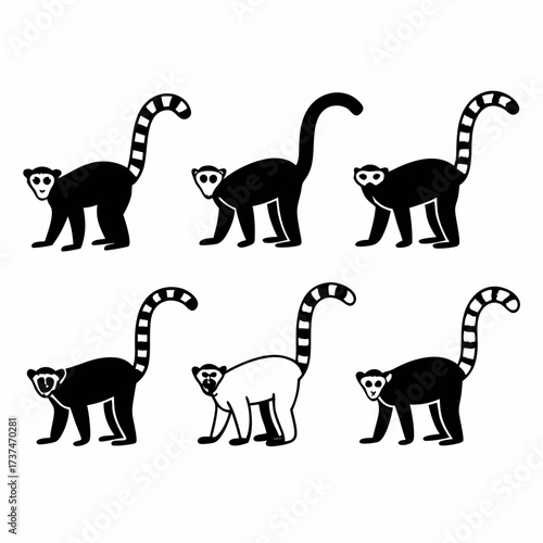 Six lemurs with ringed tails, a playful pattern for textile or wallpaper design