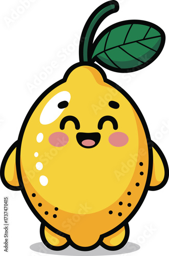 Cute Kawaii Cartoon Yellow Lemon Character Standing and Smiling Happily, Adorable Citrus Fruit Vector Illustration for Kids' and Healthy Food Design