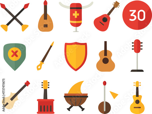 Medieval musical instruments vector icons bundle 30 instruments scalable eps illustration