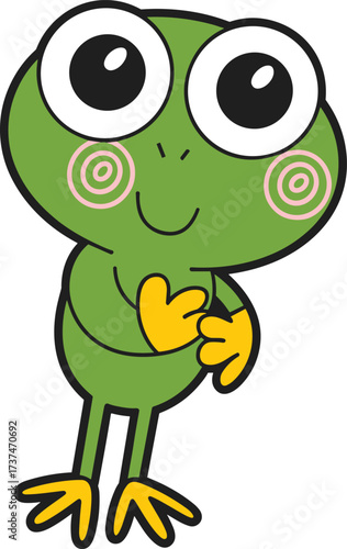 Cute Kawaii Cartoon Green Frog Character with Large Eyes and Shy Smile, Adorable Amphibian Vector Illustration for Kids' and Nature Design