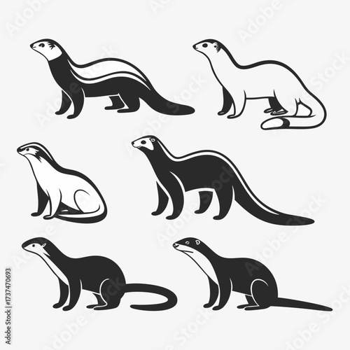 Set of six ferret silhouettes, showcasing various poses and coat patterns
