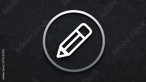 Sleek minimalist white pencil icon in silver circle on dark textured background. Edit, write, creative design, digital interface symbol.