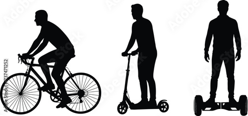 Personal transportation silhouette, bicycle, scooter, hoverboard, black figures, mobility concept, vector illustration, white background, urban commute, lifestyle design