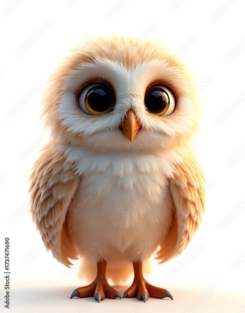 Naklejka premium Charming fluffy baby owl with big round eyes, designed as a cute cartoon character for children and education concepts. isolated on white background