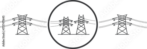 Black and white electricity pylon silhouette, power transmission tower line art, high voltage energy grid illustration, electrical infrastructure vector design