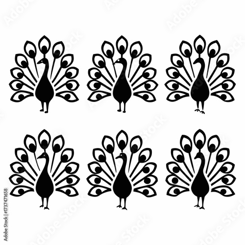 Illustration of six peacocks in black and white, each with its tail feathers fully displayed
