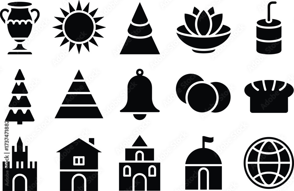 Fototapeta premium Black and white icon set with holiday, house, church, castle, tree, sun, lotus, bread, bell, drink, globe symbols