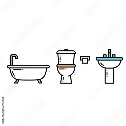 A set of minimalist line art icons depicting common bathroom fixtures: a bathtub, a toilet, and a sink.