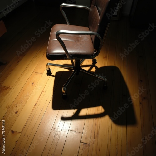 Office chair casting long shadow on polished wooden floor