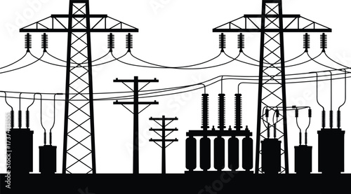 Black and white electricity substation illustration, high voltage power grid, transmission towers and transformers, electrical energy distribution infrastructure vector design
