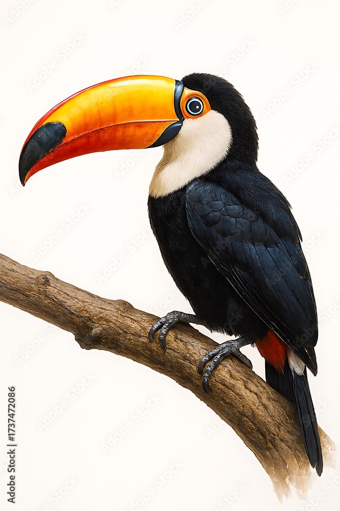 Naklejka premium Illustration of a toucan perched on a branch, showcasing its vibrant orange beak, black plumage, and white throat.